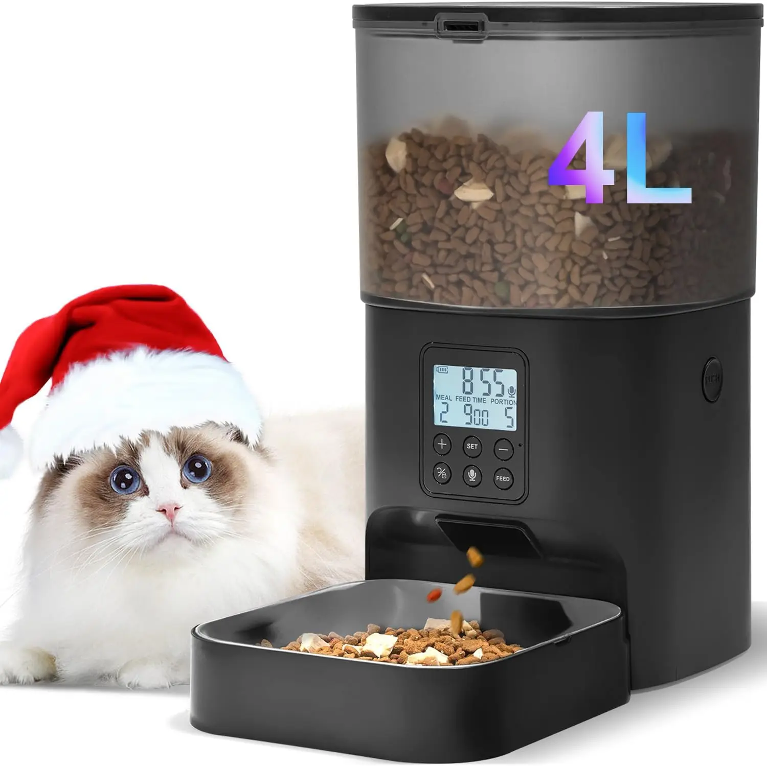 Automatic Cat Feeder with Voice Recorder, Timed Dispenser for Dry Food, Up to 8 Meals Daily (Black, 4L)
Automatic Cat Feeder with Voice Recorder, Timed Dispenser for Dry Food, Up to 8 Meals Daily (Black, 4L)