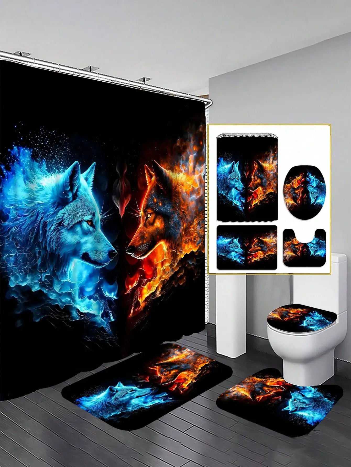 4PCS Ice And Fire Wolf King Duel Pattern Shower Curtain Set. It Includes A Waterproof Shower Curtain For Bathtub Partition,
4PCS Ice And Fire Wolf King Duel Pattern Shower Curtain Set. It Includes A Waterproof Shower Curtain For Bathtub Partition,