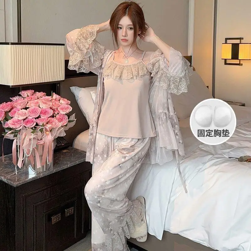 Princess Style Home Clothes Set with Fixed Chest Pad Pajama Long Sleeve Mesh Open Cardigan Vest Three Piece Women's Sleepwear
Princess Style Home Clothes Set with Fixed Chest Pad Pajama Long Sleeve Mesh Open Cardigan Vest Three Piece Women's Sleepwear