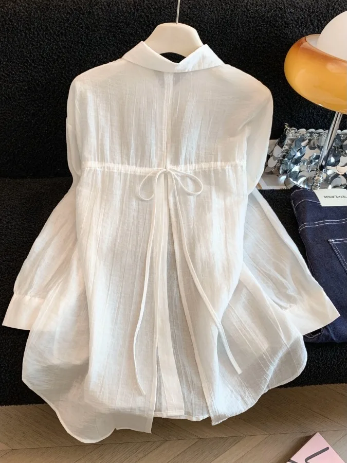 Ladies Summer Thin Design Sensation Collar Long Sleeve Sun Protection Shirt Back Split Belted Korean Style Casual Top
Ladies Summer Thin Design Sensation Collar Long Sleeve Sun Protection Shirt Back Split Belted Korean Style Casual Top