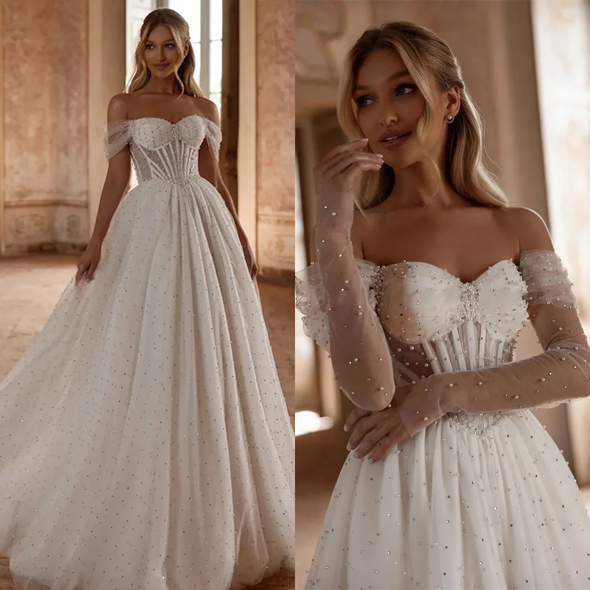Elegant Women Wedding Dress Sweetheart Neck Off Shoulder Bridal Gowns Pearls Beaded Sweep Train Dress Customized
Elegant Women Wedding Dress Sweetheart Neck Off Shoulder Bridal Gowns Pearls Beaded Sweep Train Dress Customized