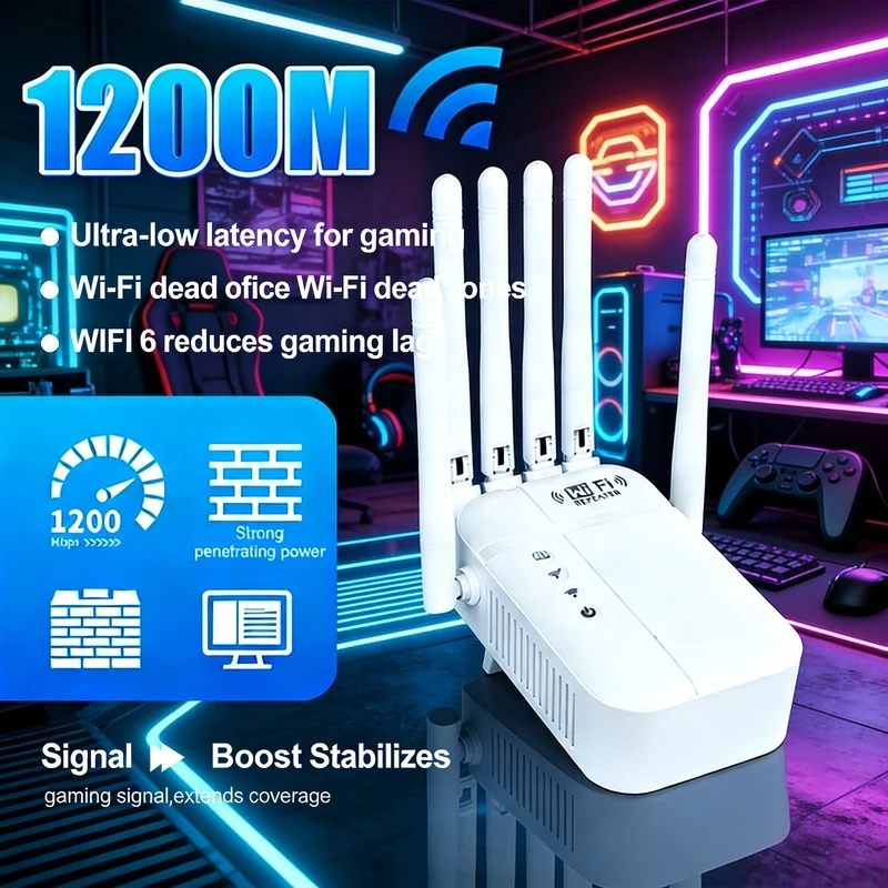 WiFi Extender 1200Mbps Dual Band Wireless Repeater 5GHz 2.4GHz Signal Booster High Speed Internet Amplifier Whole Home Coverage