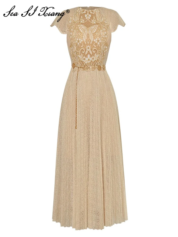 Seasixiang Fashion Designer Summer Lace Dress Women O-Neck Short Sleeve Hollow Out Embroidery Metal Sashes Vintage Pleated Dress
Seasixiang Fashion Designer Summer Lace Dress Women O-Neck Short Sleeve Hollow Out Embroidery Metal Sashes Vintage Pleated Dress