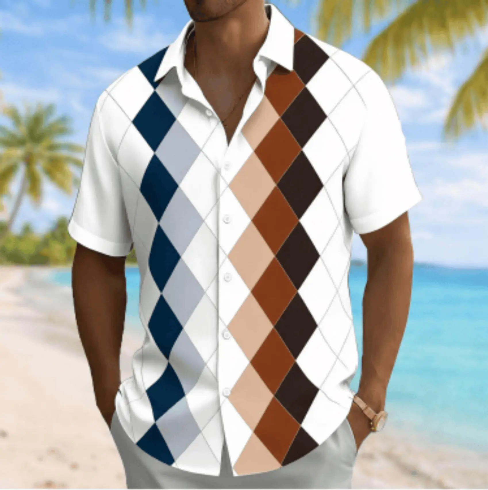 Men's Color Block Argyle Print Short Sleeve Shirt, Spring Summer Casual Commute Turn-Down Collar Blouse, Loose Fit Top
Men's Color Block Argyle Print Short Sleeve Shirt, Spring Summer Casual Commute Turn-Down Collar Blouse, Loose Fit Top