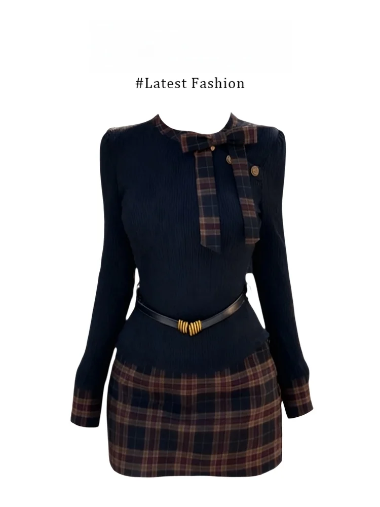 Chic Plaid Splice Long Sleeve Knitted Top High Waist Skirt Winter Outfit for Women Knot Design Fashion Set
Chic Plaid Splice Long Sleeve Knitted Top High Waist Skirt Winter Outfit for Women Knot Design Fashion Set