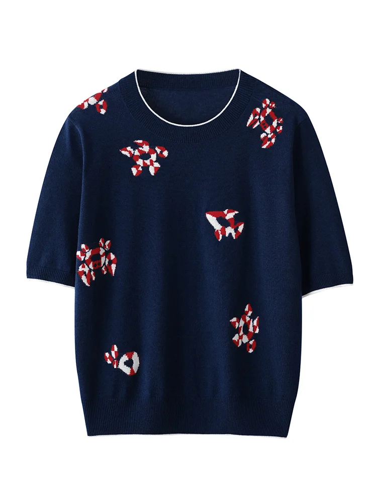 Повседневная женская футболка на весну и лето, камвольная мериносовая шерсть, женский вязаный пуловер с коротким рукавом и круглым вырезом, одежда, топы 
Повседневная женская футболка на весну и лето, камвольная мериносовая шерсть, женский вязаный пуловер с коротким рукавом и круглым вырезом, одежда, топы