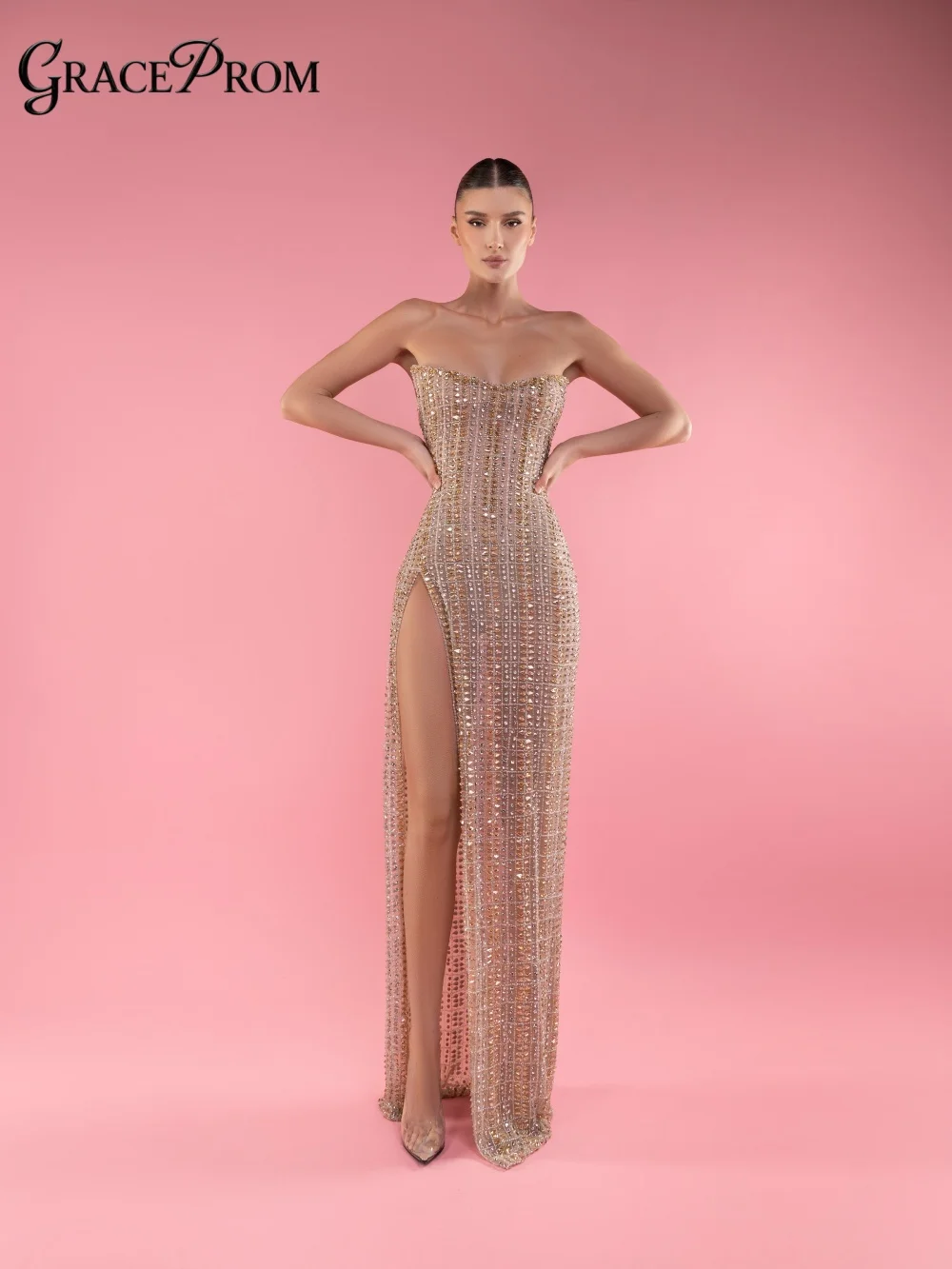 Sexy Nude Vertical Gold Mesh Evening Gown 2026 Royal Strapless Choker Cape High Slit Party Dress For Wedding Guests فساتين سهرة
Sexy Nude Vertical Gold Mesh Evening Gown 2026 Royal Strapless Choker Cape High Slit Party Dress For Wedding Guests فساتين سهرة