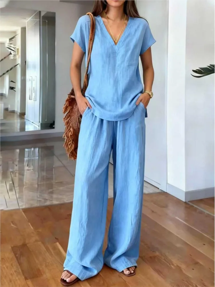 Summer New Short Sleeve V-neck Trousers Two Piece Set Women Fashion Pocket Loose Wide-leg Trousers Female Casual Vacation Set
Summer New Short Sleeve V-neck Trousers Two Piece Set Women Fashion Pocket Loose Wide-leg Trousers Female Casual Vacation Set