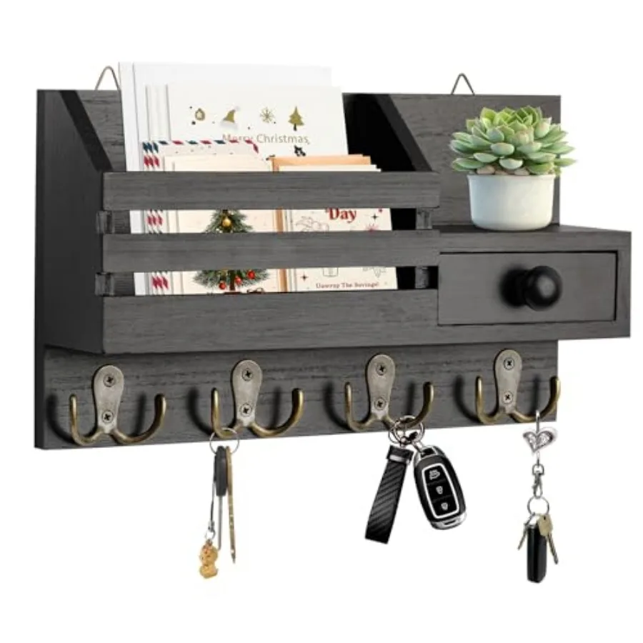 Key Holder Wall Mount, Wooden Adhesive Mail and Key Organizer with Drawer, Small Shelf, 8 Hooks, 2 Installation Methods, Black
Key Holder Wall Mount, Wooden Adhesive Mail and Key Organizer with Drawer, Small Shelf, 8 Hooks, 2 Installation Methods, Black