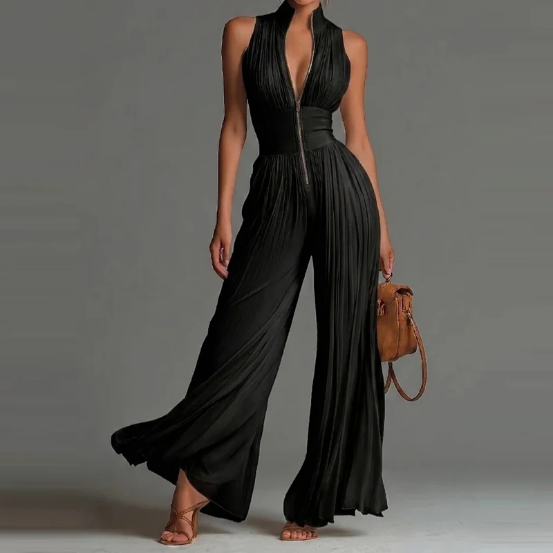 Fashion Sleeveless Pure Color Slim Commute Rompers Elegant Lady Zipper Wide Leg Playsuits Stand Collar High Waist Pleat Jumpsuit
Fashion Sleeveless Pure Color Slim Commute Rompers Elegant Lady Zipper Wide Leg Playsuits Stand Collar High Waist Pleat Jumpsuit