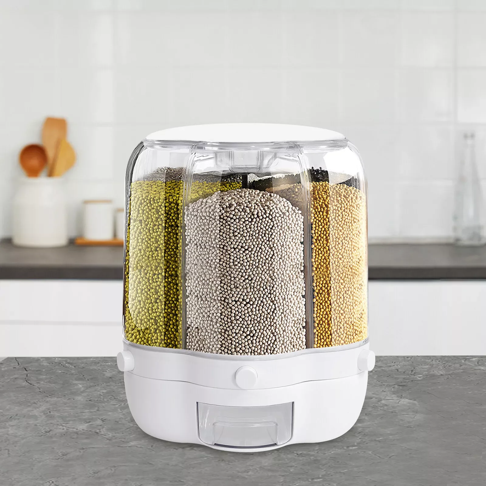Food Dispenser, Rotating 6 Compartment Cereal Storage Container 12.5KG, Space Saving Grain Bin, Large Capacity Kitchen Organizer
Food Dispenser, Rotating 6 Compartment Cereal Storage Container 12.5KG, Space Saving Grain Bin, Large Capacity Kitchen Organizer