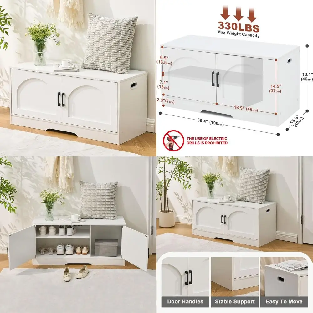 2-Door Shoe Storage Bench, 39.4 Wide, Adjustable Shelf, Holds 330lbs, White for Entryway, Living Room, Bedroom, Hallway
2-Door Shoe Storage Bench, 39.4 Wide, Adjustable Shelf, Holds 330lbs, White for Entryway, Living Room, Bedroom, Hallway