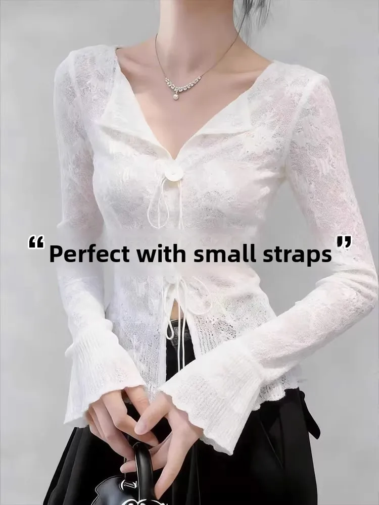 Sweet And Spicy Lace Trim Long Sleeve Sun Protection Shirt Women's Summer Strap Outerwear Bell Bottoms Thin Korean Style Top
Sweet And Spicy Lace Trim Long Sleeve Sun Protection Shirt Women's Summer Strap Outerwear Bell Bottoms Thin Korean Style Top