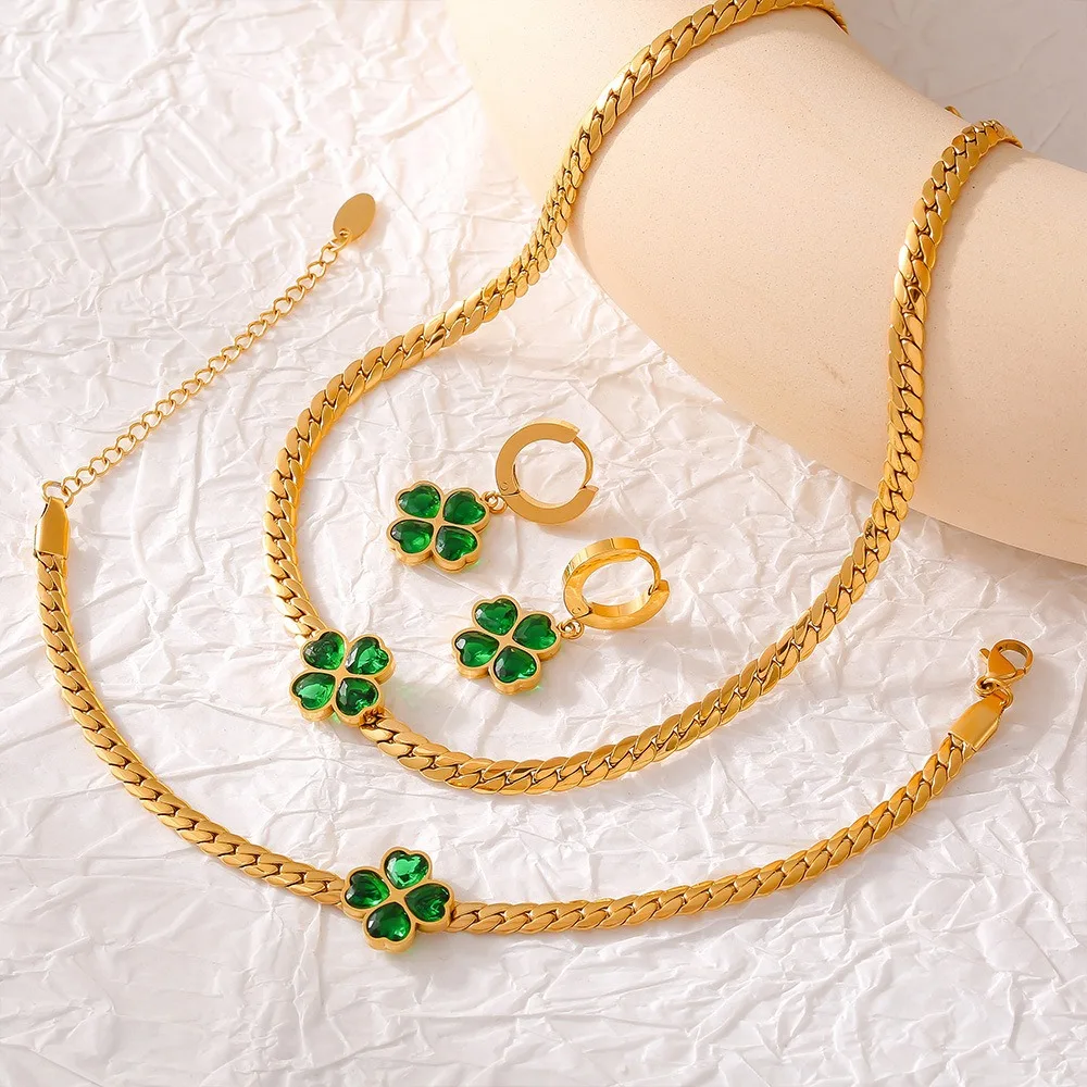 Four Leaf Flower Love Glass Stone Set Stainless Steel Necklace Bracelet Earrings Trendy For Women New Party Gift Jewelry 3-Set
Four Leaf Flower Love Glass Stone Set Stainless Steel Necklace Bracelet Earrings Trendy For Women New Party Gift Jewelry 3-Set