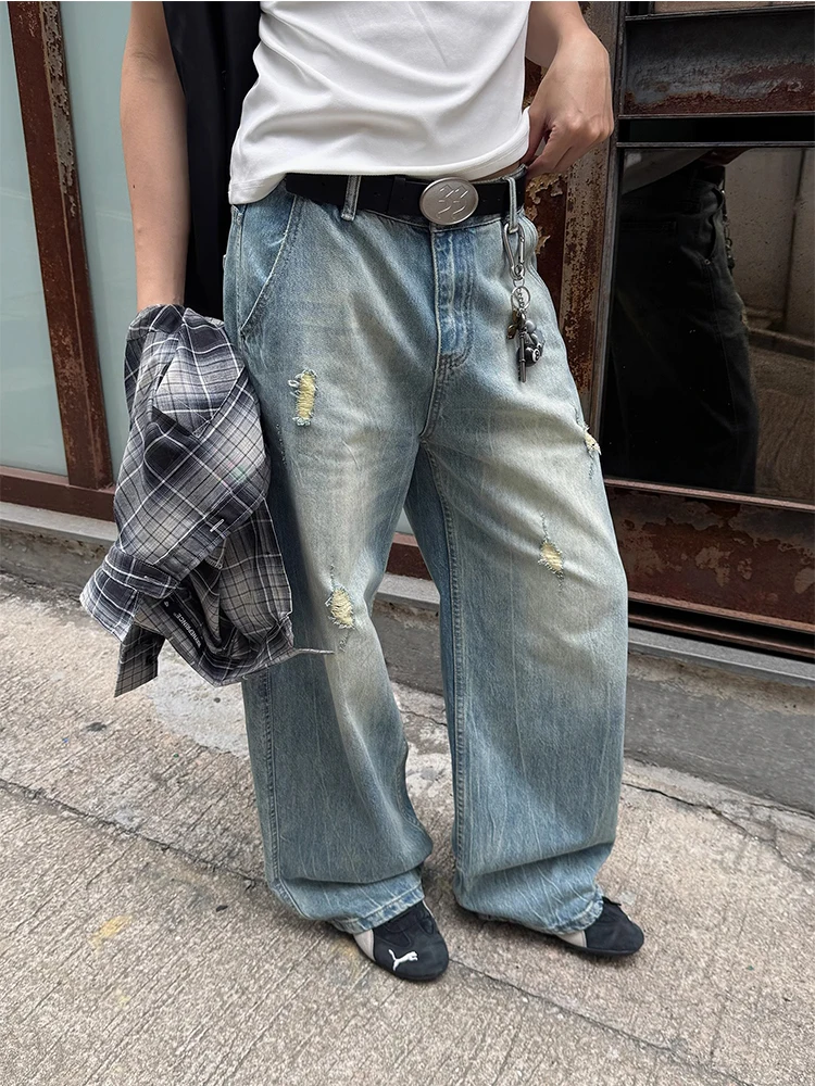 Retro American Waed Blue Hole Denim Jeans Men's Loose Casual Wide Leg Floor-Length Pants Dstring Waist High Waist
Retro American Waed Blue Hole Denim Jeans Men's Loose Casual Wide Leg Floor-Length Pants Dstring Waist High Waist