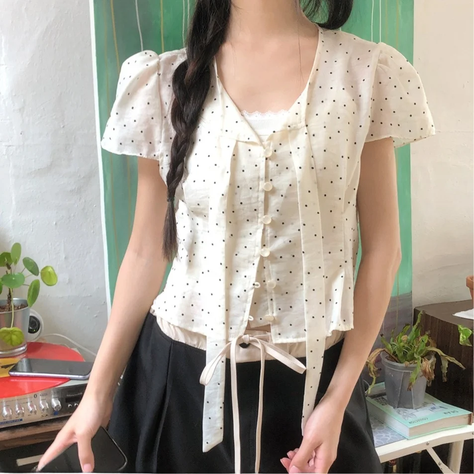 Sweet Style Korean Chic Summer New Polka Dot Sash Short Sleeve Women's Shirt Small Size Girls' Fashionable Casual Blouse
Sweet Style Korean Chic Summer New Polka Dot Sash Short Sleeve Women's Shirt Small Size Girls' Fashionable Casual Blouse