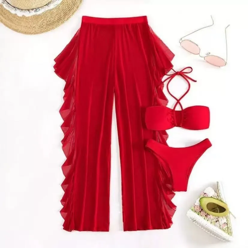 Woman Bikini Halter Tie Top Ruffle Trim Pants Women's Beach Bikinis High Waist Red Swimwear Solid Color Black Two Piece Swimsuit
Woman Bikini Halter Tie Top Ruffle Trim Pants Women's Beach Bikinis High Waist Red Swimwear Solid Color Black Two Piece Swimsuit