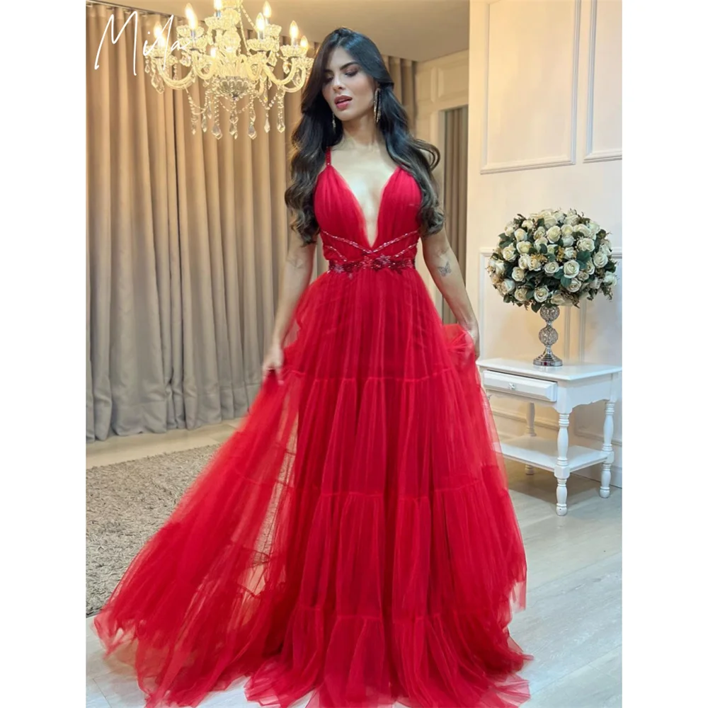 Mila A-Line V-Neck Prom Dresses 2025 Backless Cascading Ruffle Chic Evening Dresses Floor-Length Tulle Customized Party Dresses
Mila A-Line V-Neck Prom Dresses 2025 Backless Cascading Ruffle Chic Evening Dresses Floor-Length Tulle Customized Party Dresses