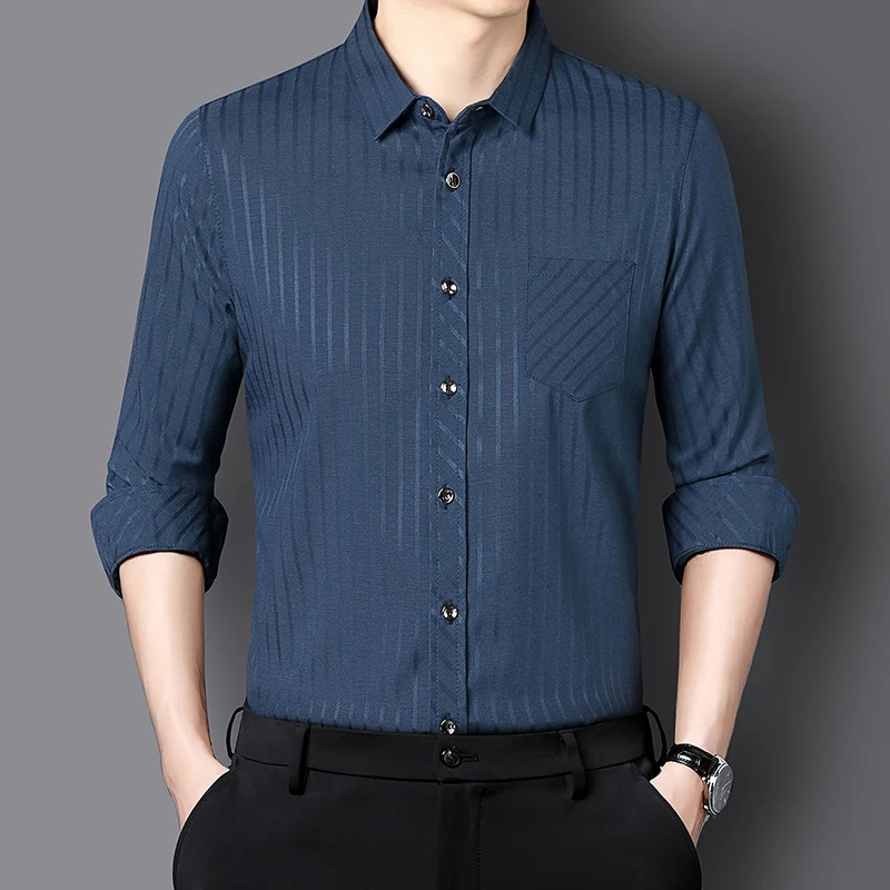 Striped Contain Silk Shirts For Men Long Sleeve Gentleman Classic Spring Quality Soft Comfortable Lapel Pocket Camisas De Hombre
Striped Contain Silk Shirts For Men Long Sleeve Gentleman Classic Spring Quality Soft Comfortable Lapel Pocket Camisas De Hombre