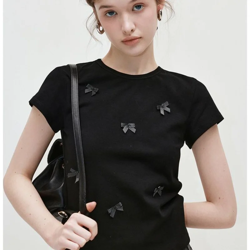 Women's Black Slim Fit T-Shirt Crew Neck Short Sleeve Rhinestone Bow Print Casual Basic Top
Women's Black Slim Fit T-Shirt Crew Neck Short Sleeve Rhinestone Bow Print Casual Basic Top