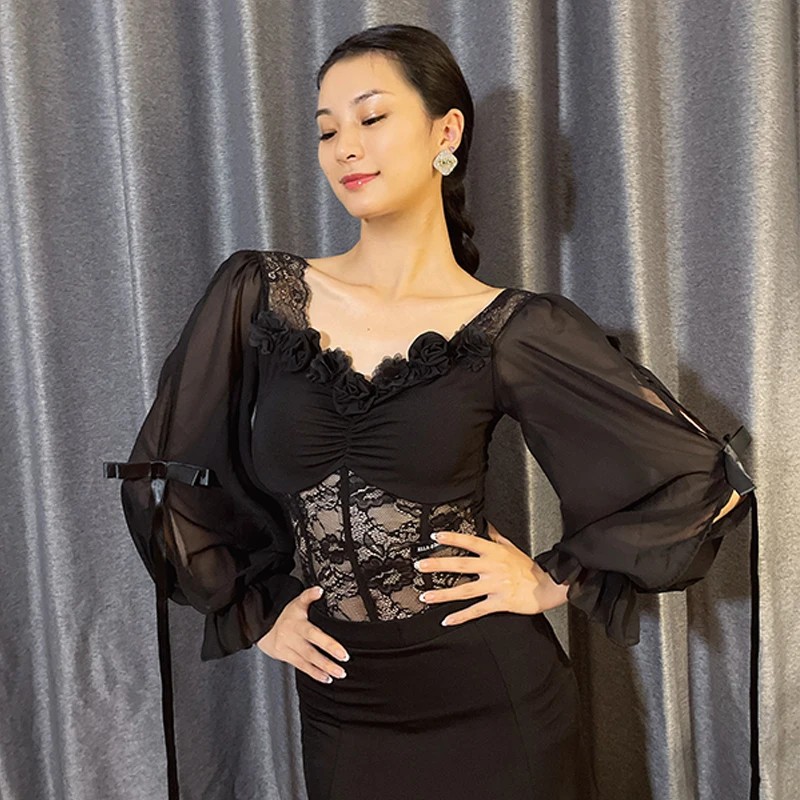 Ballroom Dance Clothes Women Black Llace Flower Mesh Puff Sleeves Bodysuit Waltz Dance Clothing Latin Performance Tops BL16186
Ballroom Dance Clothes Women Black Llace Flower Mesh Puff Sleeves Bodysuit Waltz Dance Clothing Latin Performance Tops BL16186