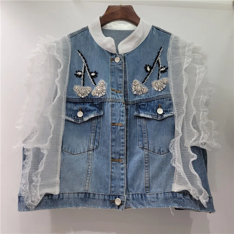 Beaded Diamond Lace Patchwork Blue Short Denim Vest Spring Summer Women Loose Casual Stand Collar Sleeveless Cowboy Waistcoat
Beaded Diamond Lace Patchwork Blue Short Denim Vest Spring Summer Women Loose Casual Stand Collar Sleeveless Cowboy Waistcoat