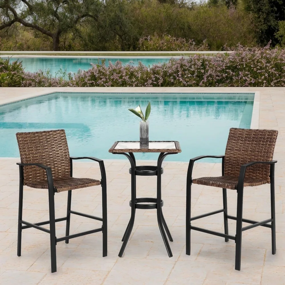 3 Pieces Outdoor Bar Stools Set, Outdoor Wicker Patio Bar Height Stools Set with Glass Table Top, All Weather Steel Frame Counte
3 Pieces Outdoor Bar Stools Set, Outdoor Wicker Patio Bar Height Stools Set with Glass Table Top, All Weather Steel Frame Counte