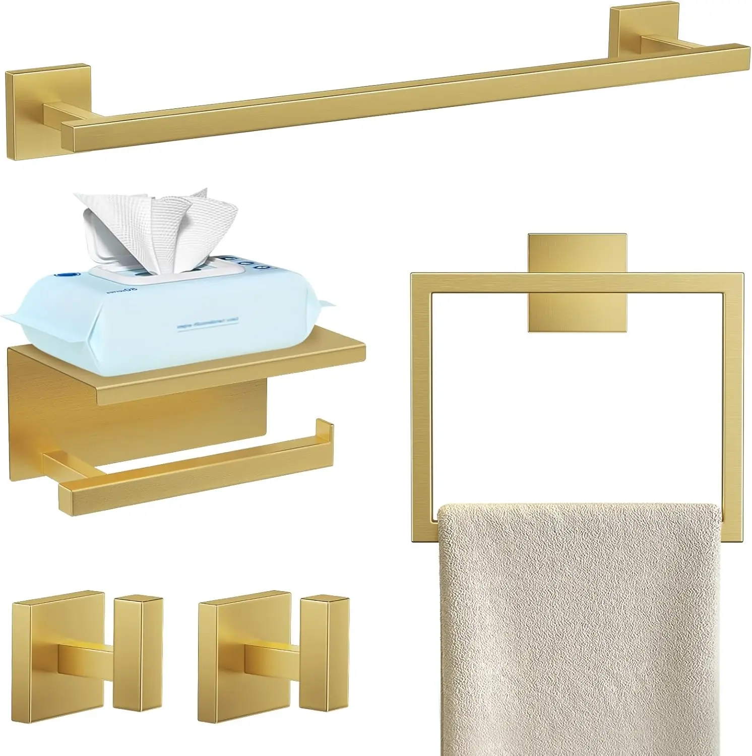 5-Piece Brushed Gold Bathroom Hardware Set, Stainless Steel Towel Bar Holder with Shelf, Wall Mounted 23.6 Inches
5-Piece Brushed Gold Bathroom Hardware Set, Stainless Steel Towel Bar Holder with Shelf, Wall Mounted 23.6 Inches