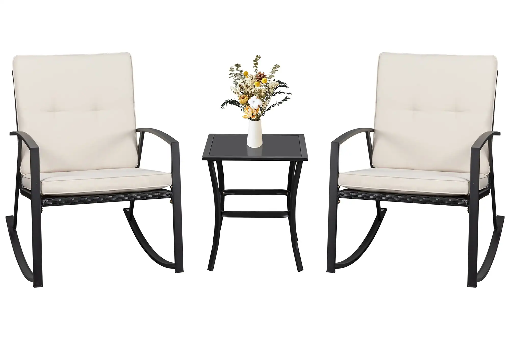 3-Piece Rattan Outdoor Bistro Sets with Rocking Chairs and Round Table, Black/Creamy White
3-Piece Rattan Outdoor Bistro Sets with Rocking Chairs and Round Table, Black/Creamy White