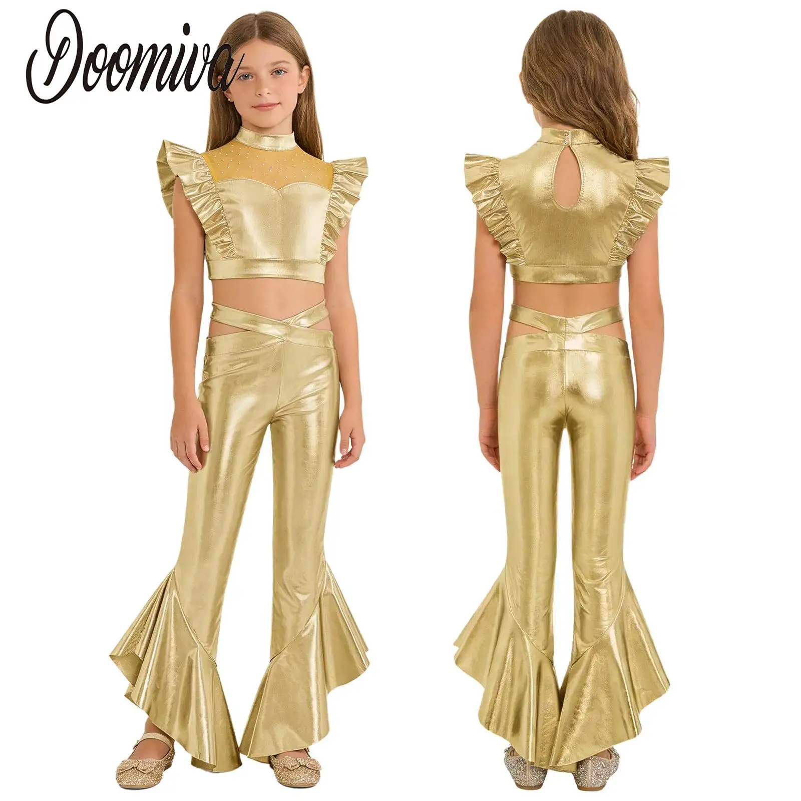 Kids Girls 70s Disco Jazz Dance Performance Costume Outfit Sleeveless Mesh Crop Top And Flared Pants Latin Cheerleader Dancewear
Kids Girls 70s Disco Jazz Dance Performance Costume Outfit Sleeveless Mesh Crop Top And Flared Pants Latin Cheerleader Dancewear