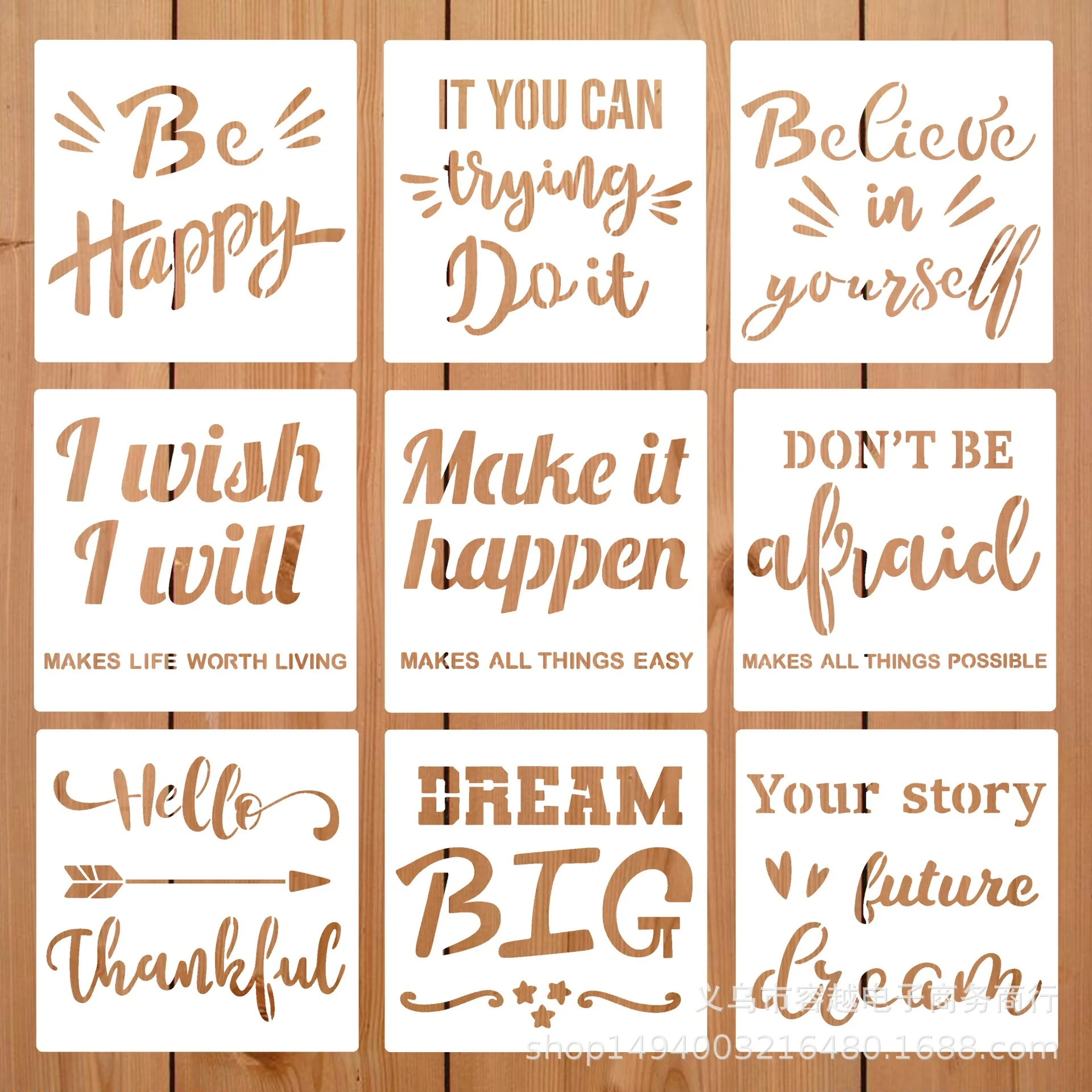 9Pcs/Lot 20cm Motivational English DIY Layering Stencils Wall Painting Scrapbook Coloring Embossing Album Decorative Template
9Pcs/Lot 20cm Motivational English DIY Layering Stencils Wall Painting Scrapbook Coloring Embossing Album Decorative Template