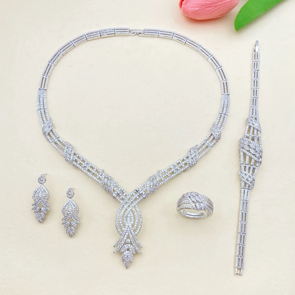 Flora Luxury Wedding Cubic Zirconia Set Jewelry 4 Pieces Set for Nigeria Bride High-End Necklace Earrings Bracelet Ring Set
Flora Luxury Wedding Cubic Zirconia Set Jewelry 4 Pieces Set for Nigeria Bride High-End Necklace Earrings Bracelet Ring Set