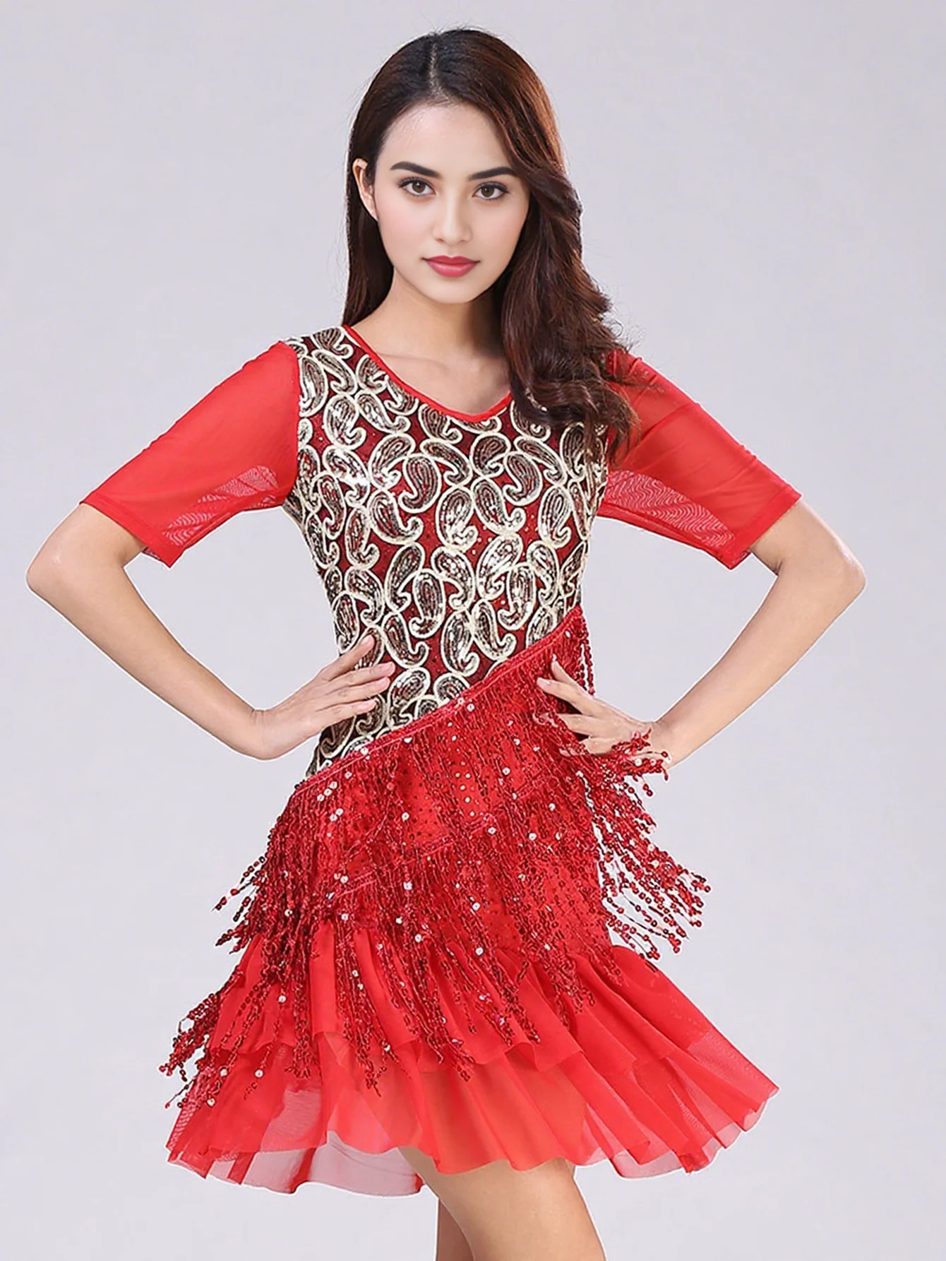 Women's Latin Dance Dress Rhinestone Tulle V-Neck Irregular Fringe Ballroom Party Dancing Dress
Women's Latin Dance Dress Rhinestone Tulle V-Neck Irregular Fringe Ballroom Party Dancing Dress