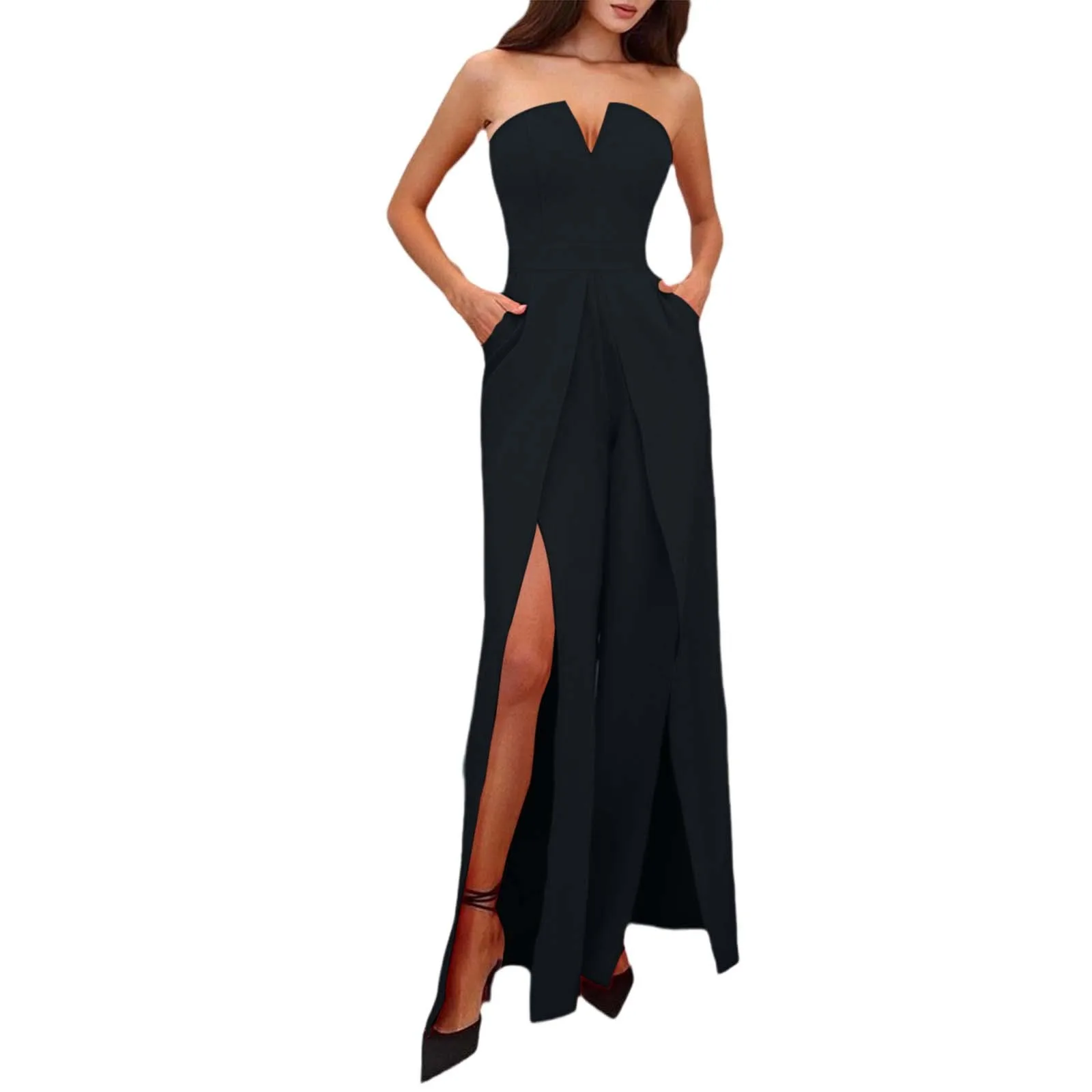 2025 Summer Women's Jumpsuit Solid Color Fashionable Sexy Small V-neck Strapless Casual Pants Slit Slim Fit Jumpsuit Women
2025 Summer Women's Jumpsuit Solid Color Fashionable Sexy Small V-neck Strapless Casual Pants Slit Slim Fit Jumpsuit Women