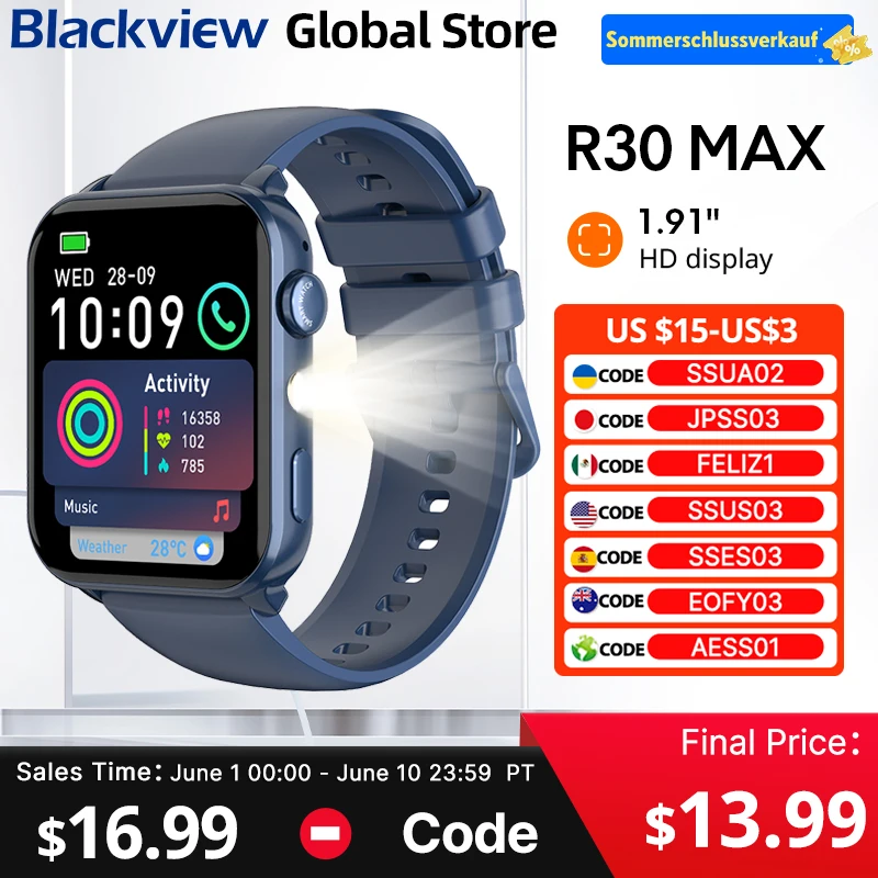 【World premiere】Blackview R30 Max Smartwatch 1.91" Bluetooth Phone Call Flashlight Al Voice Assistant Sports Health watch
【World premiere】Blackview R30 Max Smartwatch 1.91" Bluetooth Phone Call Flashlight Al Voice Assistant Sports Health watch