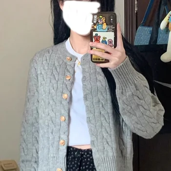 회색 한국식 프레피 다목적 자른 니트 탑 여성 가을 컬렉션 새로운 도착 몸집이 작은 골지 스웨터 재킷