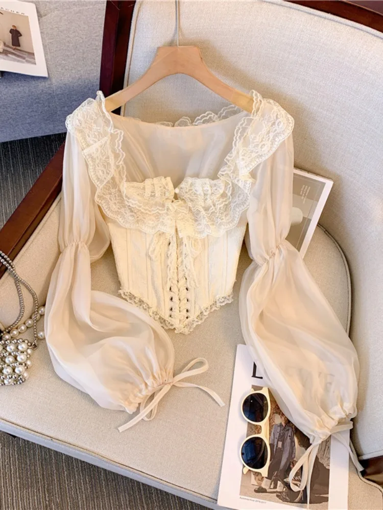 Mesh Straps Fishbone Shirt Women's Spring Summer Temperament Sweet Age-reducing Short Lace Korean Version Lantern Sleeve Tops
Mesh Straps Fishbone Shirt Women's Spring Summer Temperament Sweet Age-reducing Short Lace Korean Version Lantern Sleeve Tops