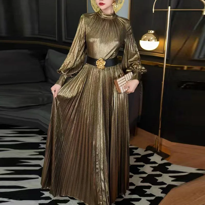 High Quality Big Swing Pleated Dresses Spring Women Lantern Sleeve O Neck Long Dress Autumn High Waist Slim Ankle Length Dress
High Quality Big Swing Pleated Dresses Spring Women Lantern Sleeve O Neck Long Dress Autumn High Waist Slim Ankle Length Dress