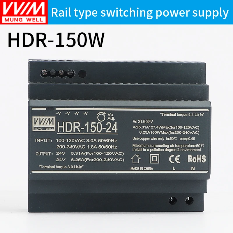 VV/M HDR-150W ultra-thin narrow face wide stepped guide rail type power supply 12V 24V AC DC power supply.
VV/M HDR-150W ultra-thin narrow face wide stepped guide rail type power supply 12V 24V AC DC power supply.