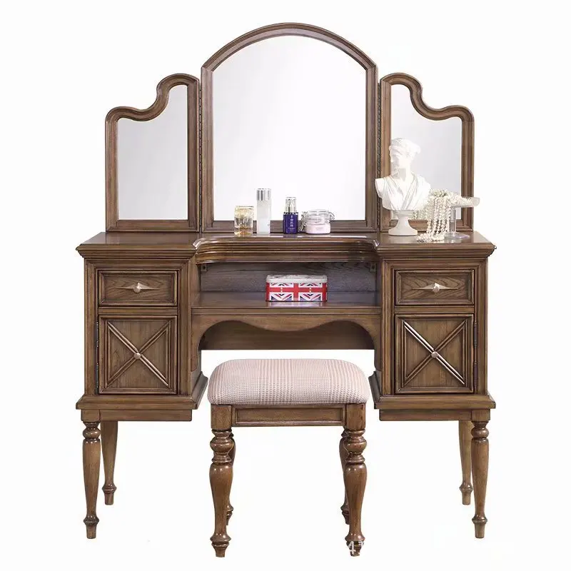 Solid wood oak dresser stool combination bedroom American retro with mirror
Solid wood oak dresser stool combination bedroom American retro with mirror