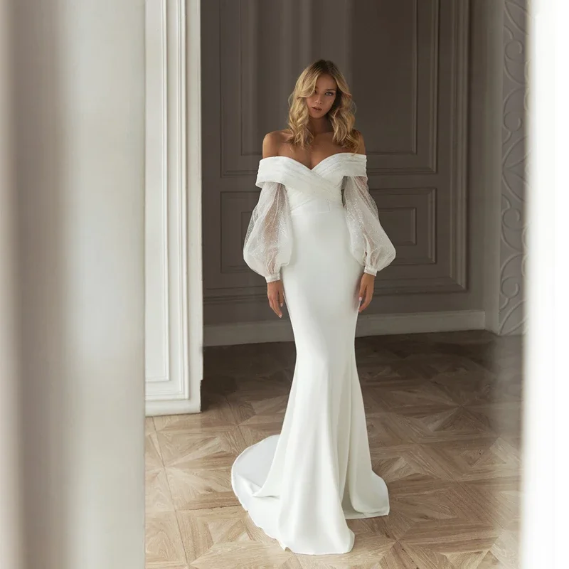 Mermaid Long Puff Sleeves Wedding Dresses 2022 Off the Shoulder Simple Satin Bridal Gowns Elegant Princess Vestido De Novia
Mermaid Long Puff Sleeves Wedding Dresses 2022 Off the Shoulder Simple Satin Bridal Gowns Elegant Princess Vestido De Novia