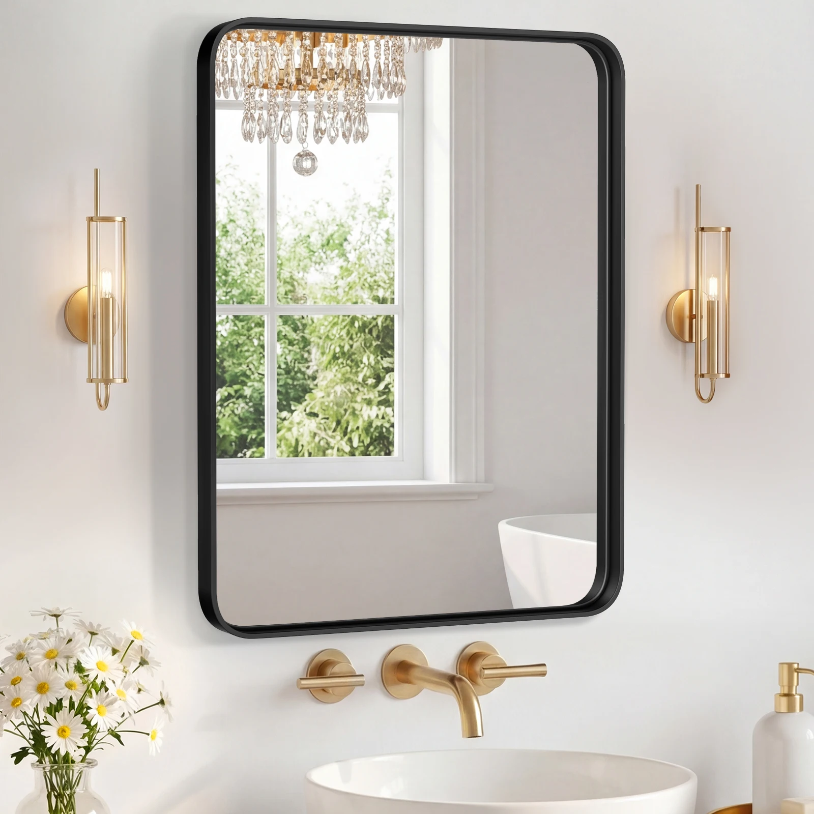 Bathroom Mirror 15.75x19.69 Inch Black Metal Frame Rectangle Vanity Mirror with Rounded Corners, Modern Wall Mounted Anti-Rust Mirror for Farmhouse, Restroom, Entryway, Horizontal or Vertical Hanging
Bathroom Mirror 15.75x19.69 Inch Black Metal Frame Rectangle Vanity Mirror with Rounded Corners, Modern Wall Mounted Anti-Rust Mirror for Farmhouse, Restroom, Entryway, Horizontal or Vertical Hanging