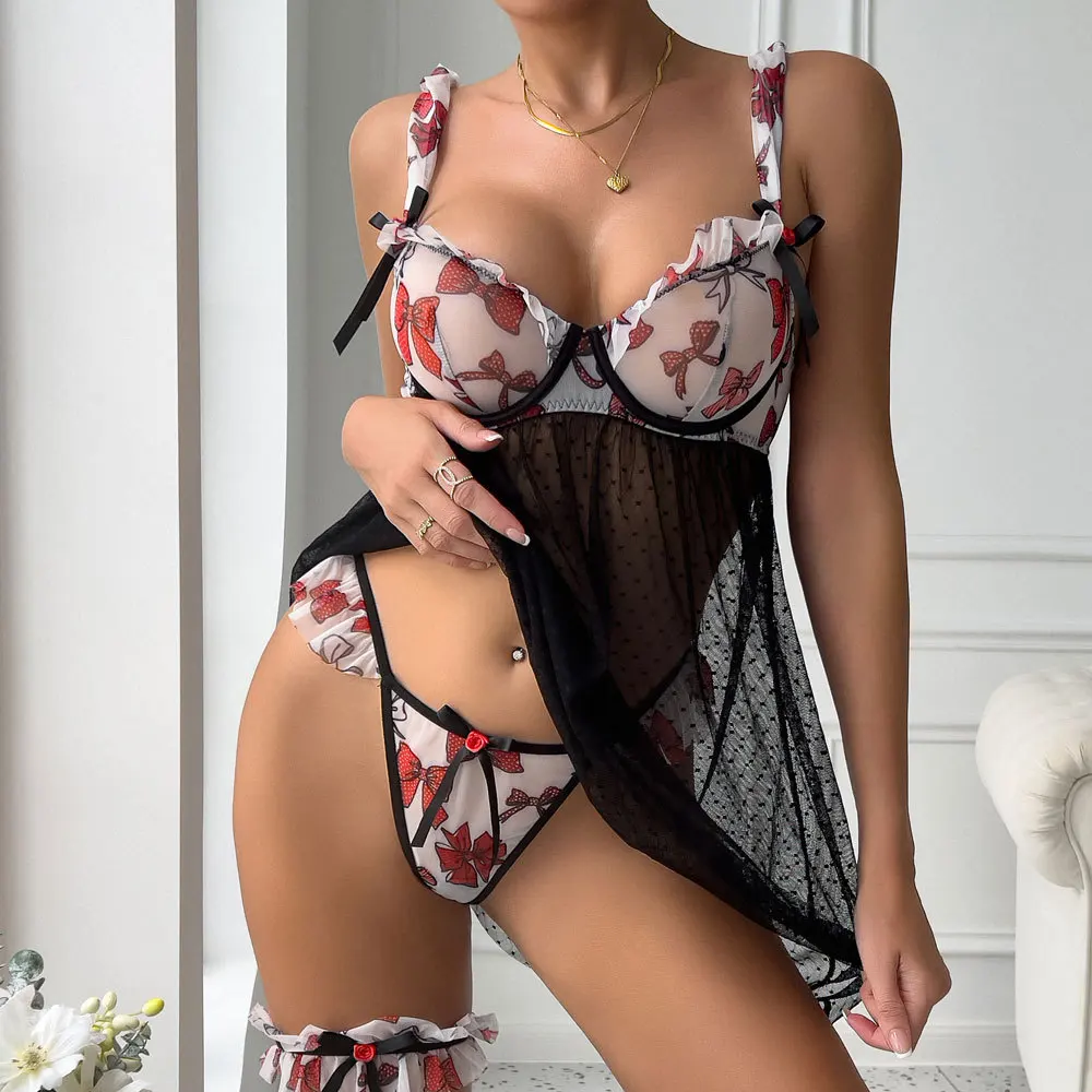 Women's Lingerie Set Bow Print Sheer See Through Mini Babydoll Dress Thong and Garters 3 Pcs Set
Women's Lingerie Set Bow Print Sheer See Through Mini Babydoll Dress Thong and Garters 3 Pcs Set