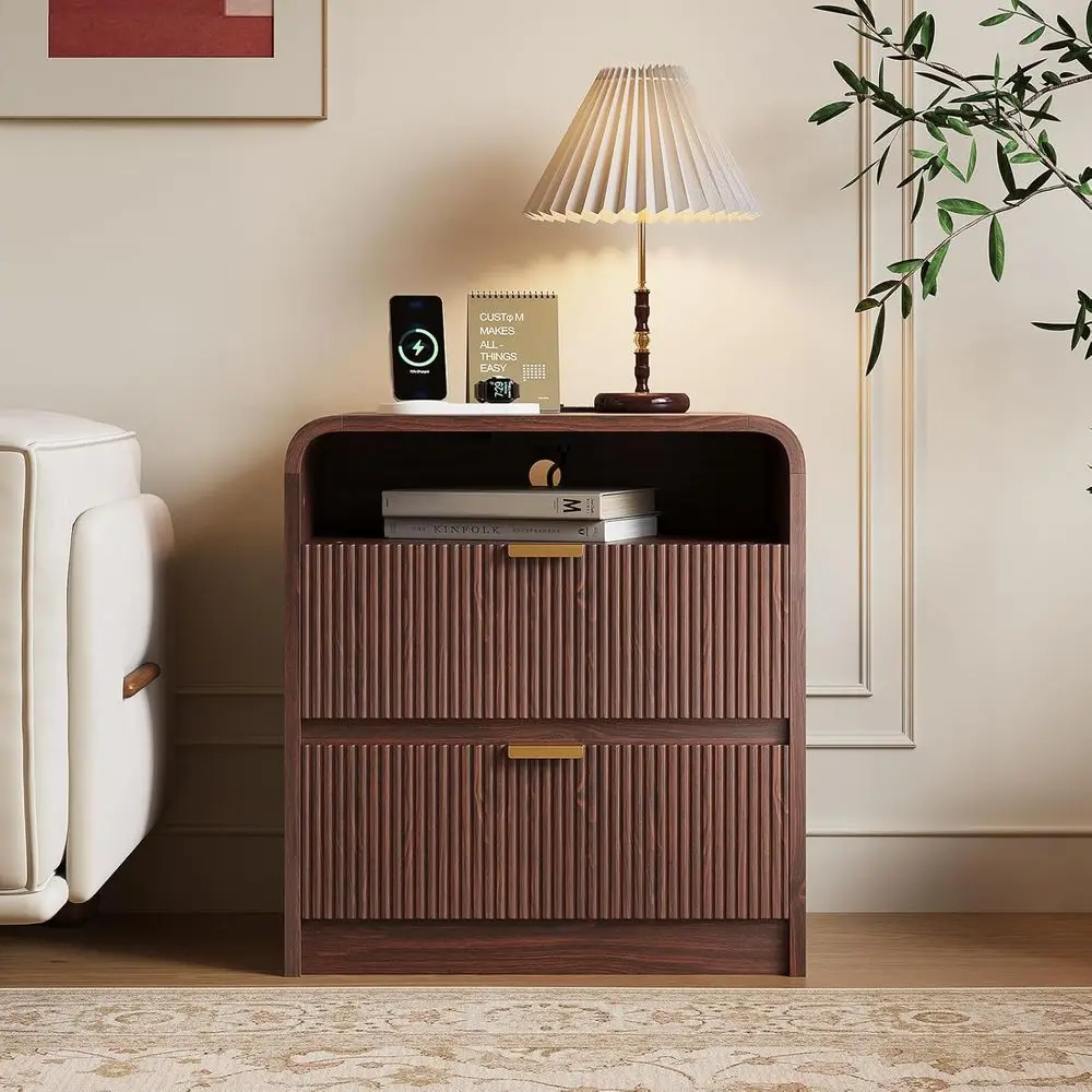 24 Walnut Curved Nightstand with Charging Station and 2 Drawer Storage for Bedroom
24 Walnut Curved Nightstand with Charging Station and 2 Drawer Storage for Bedroom
