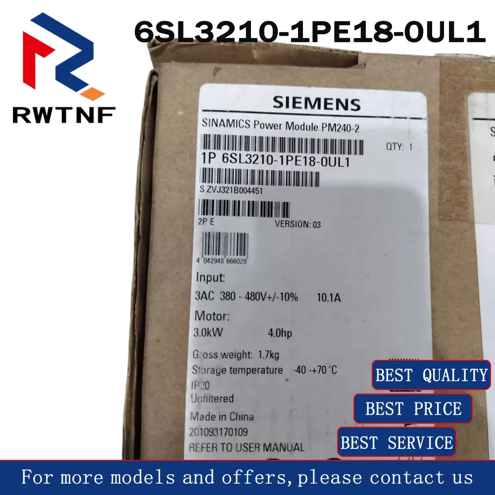 Brand New Genuine 6SL3210-1PE18-0UL1 SIEMENS 3.0kW, 400-480V inverter module, 400V FSB module,100% original warehouse stock
Brand New Genuine 6SL3210-1PE18-0UL1 SIEMENS 3.0kW, 400-480V inverter module, 400V FSB module,100% original warehouse stock