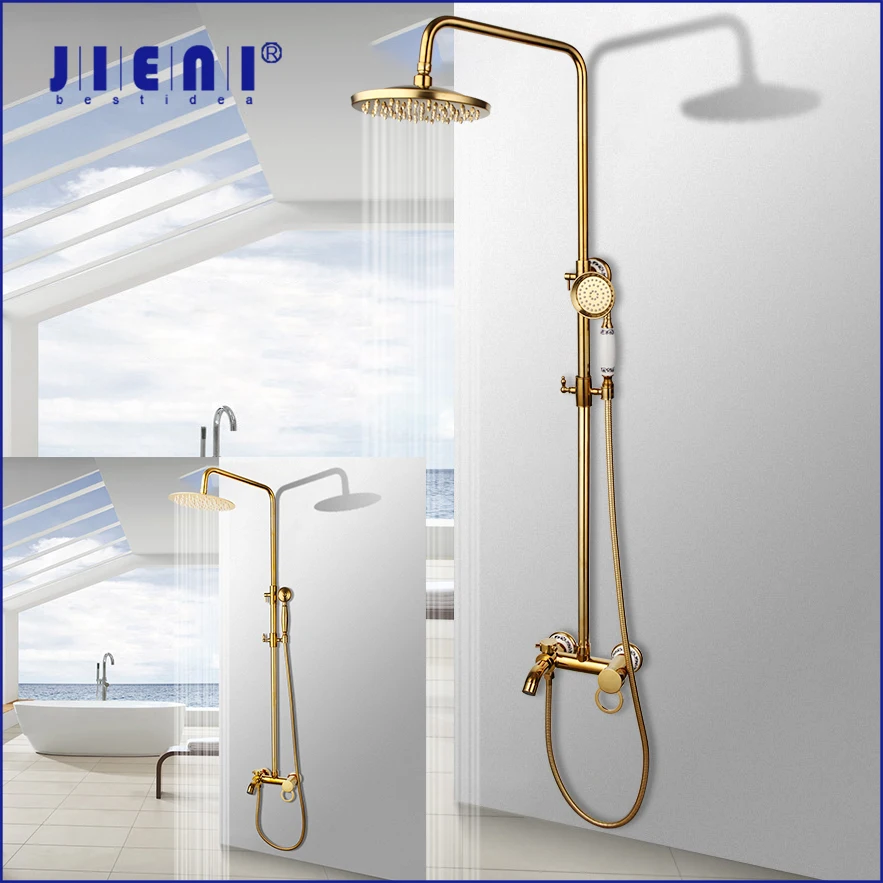 JIENI European Style Bathroom Shower Faucet Systerm Gold Wall Mounted Shower Set Brass Hot Cold Mixer Taps W/ Ceramic Handle
JIENI European Style Bathroom Shower Faucet Systerm Gold Wall Mounted Shower Set Brass Hot Cold Mixer Taps W/ Ceramic Handle