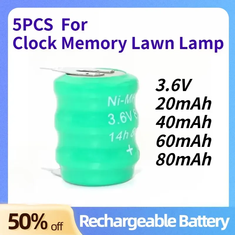 5PCS 3.6V 20mAh-80mAh NI-MH Button Cell Ni MH Batteries With Pins Rechargeable Battery for Clock Memory Lawn Lamp lighting
5PCS 3.6V 20mAh-80mAh NI-MH Button Cell Ni MH Batteries With Pins Rechargeable Battery for Clock Memory Lawn Lamp lighting