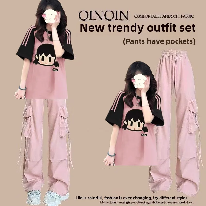 Summer Cotton Blend Set for Junior High School Girls Loose Straight Short Sleeve T-Shirt And Workwear Pants Casual Sportswear
Summer Cotton Blend Set for Junior High School Girls Loose Straight Short Sleeve T-Shirt And Workwear Pants Casual Sportswear