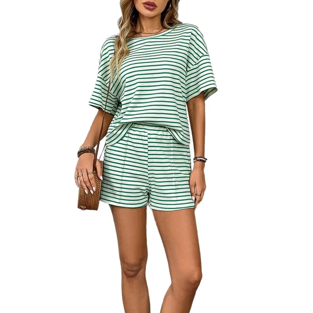 Summer Striped Knitted Two Piece Sets Women Short Sleeve Top & Shorts Set Casual New in Knitted Two Piece Women Sets
Summer Striped Knitted Two Piece Sets Women Short Sleeve Top & Shorts Set Casual New in Knitted Two Piece Women Sets
