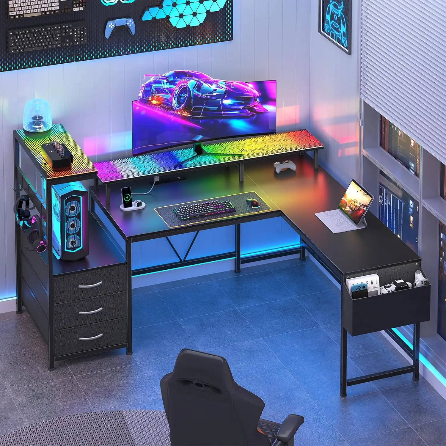 L-Shaped Gaming Desk Power Outlet LED Lights Reversible 3 Drawers Corner Computer Desk Monitor Stand Pegboard 63", Customized
L-Shaped Gaming Desk Power Outlet LED Lights Reversible 3 Drawers Corner Computer Desk Monitor Stand Pegboard 63", Customized